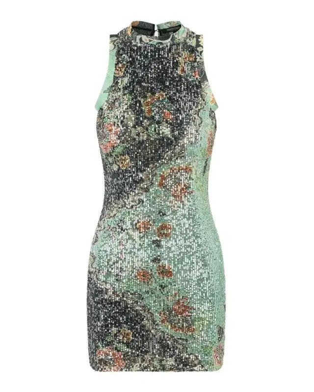 Sleeveless Floral Sequined Stretch Mini Dress