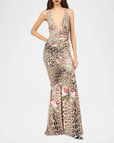 Roberto Cavalli Plunging Floral Leopard-Print Ruched Mermaid Maxi Dress | Thumbnail 2