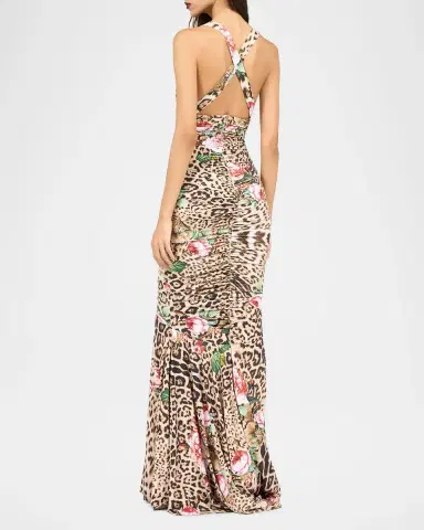 Roberto Cavalli Plunging Floral Leopard-Print Ruched Mermaid Maxi Dress | Thumbnail 3