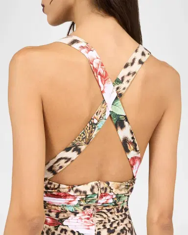 Roberto Cavalli Plunging Floral Leopard-Print Ruched Mermaid Maxi Dress | Thumbnail 5
