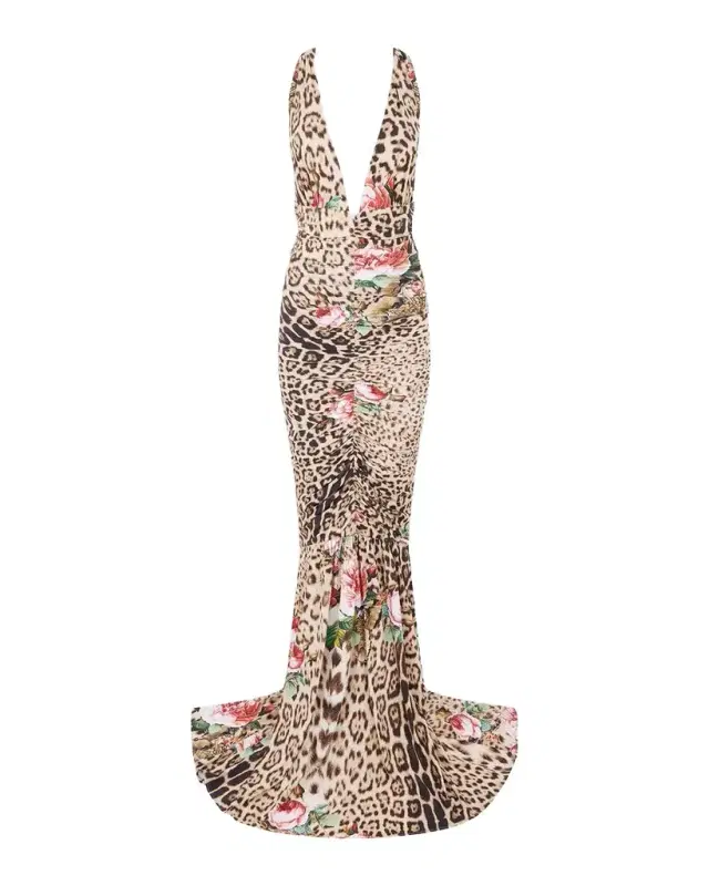 Plunging Floral Leopard-Print Ruched Mermaid Maxi Dress