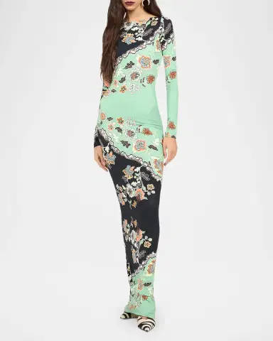 Roberto Cavalli Long-Sleeve Floral-Print Jersey Body-Con Maxi Dress | Thumbnail 2