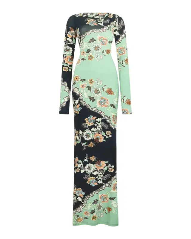 Roberto Cavalli Long-Sleeve Floral-Print Jersey Body-Con Maxi Dress