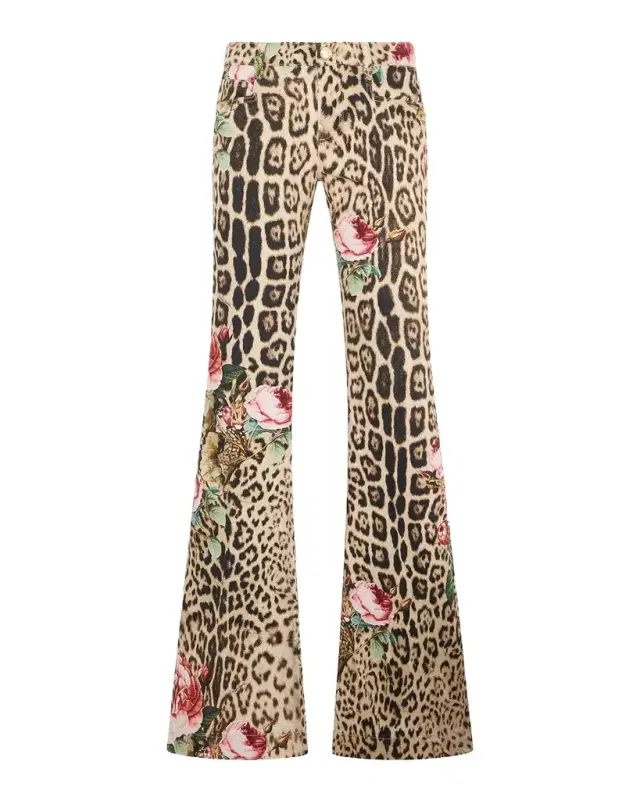Roberto Cavalli Floral Leopard-Print Flared Denim Trousers