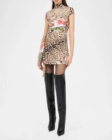 Roberto Cavalli Mock-Neck Floral Leopard-Print Jersey Ruched Mini Dress | Thumbnail 2