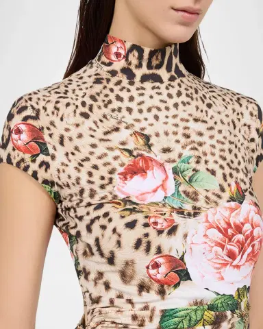 Roberto Cavalli Mock-Neck Floral Leopard-Print Jersey Ruched Mini Dress | Thumbnail 4