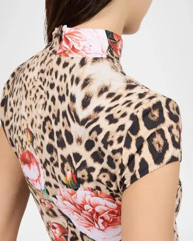 Roberto Cavalli Mock-Neck Floral Leopard-Print Jersey Ruched Mini Dress | Thumbnail 5