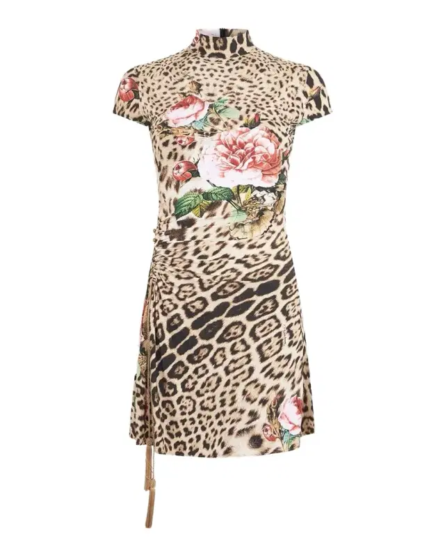 Mock-Neck Floral Leopard-Print Jersey Ruched Mini Dress