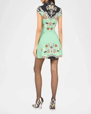 Roberto Cavalli Mock-Neck Floral Jersey Ruched Short-Sleeve Mini Dress | Thumbnail 3