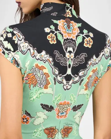 Roberto Cavalli Mock-Neck Floral Jersey Ruched Short-Sleeve Mini Dress | Thumbnail 4