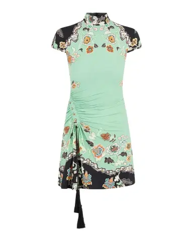 Roberto Cavalli Mock-Neck Floral Jersey Ruched Short-Sleeve Mini Dress | Thumbnail 1