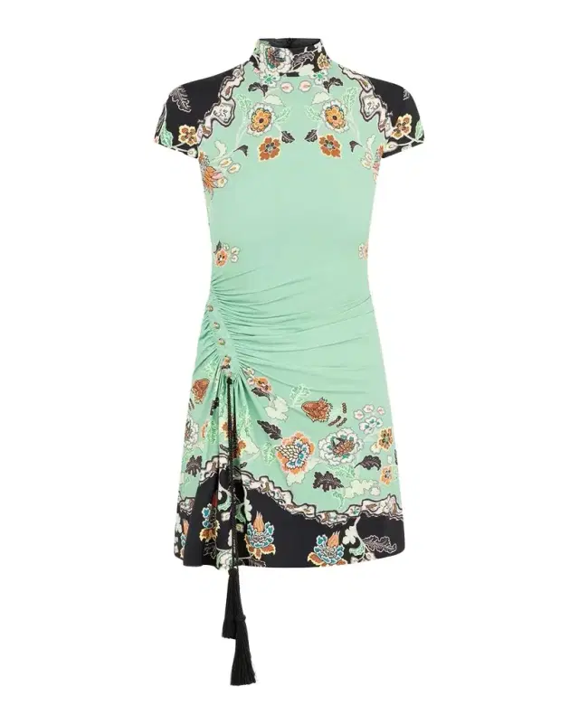 Mock-Neck Floral Jersey Ruched Short-Sleeve Mini Dress