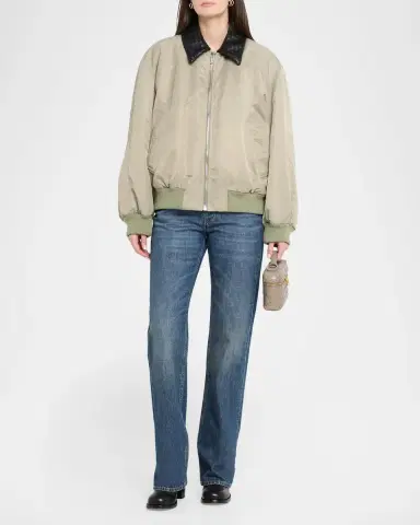 Bottega Veneta Satin Nylon Bomber Jacket With Intrecciato Leather Collar | Thumbnail 2 Bottega Veneta Satin Nylon Bomber Jacket With Intrecciato Leather Collar | Thumbnail 2
