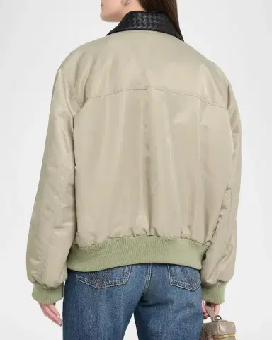 Bottega Veneta Satin Nylon Bomber Jacket With Intrecciato Leather Collar | Thumbnail 3 Bottega Veneta Satin Nylon Bomber Jacket With Intrecciato Leather Collar | Thumbnail 3