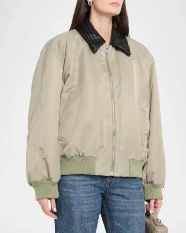 Bottega Veneta Satin Nylon Bomber Jacket With Intrecciato Leather Collar | Thumbnail 4 Bottega Veneta Satin Nylon Bomber Jacket With Intrecciato Leather Collar | Thumbnail 4