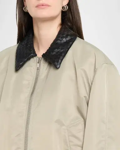 Bottega Veneta Satin Nylon Bomber Jacket With Intrecciato Leather Collar | Thumbnail 5 Bottega Veneta Satin Nylon Bomber Jacket With Intrecciato Leather Collar | Thumbnail 5