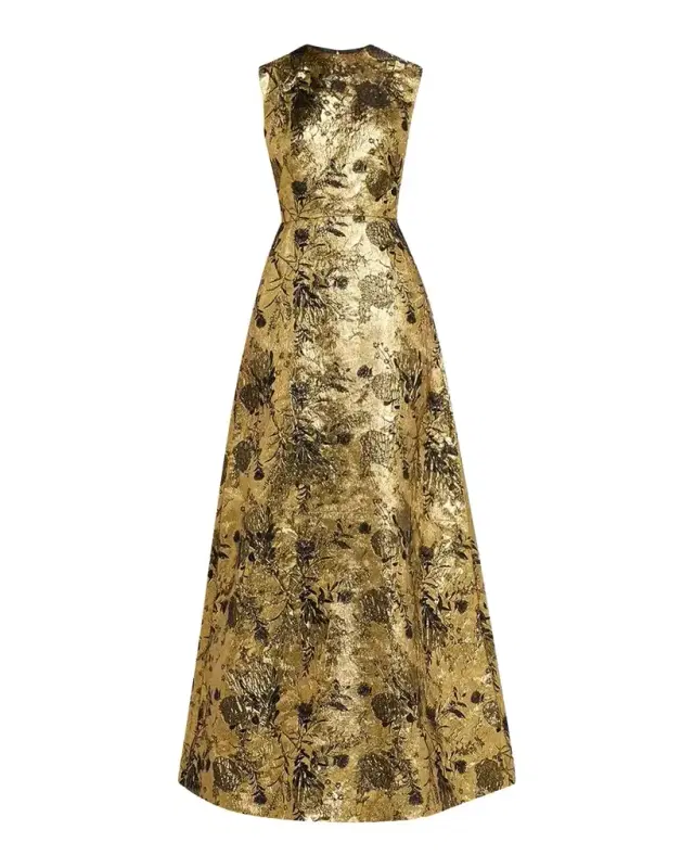 Metallic Floral Brocade Sleeveless A-Line Gown