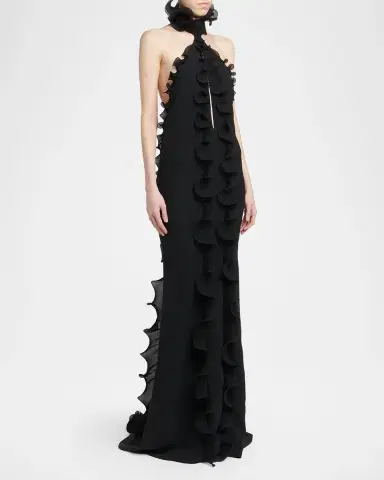 Tom Ford Silk Crepe Ruffled Halter Evening Dress | Thumbnail 4