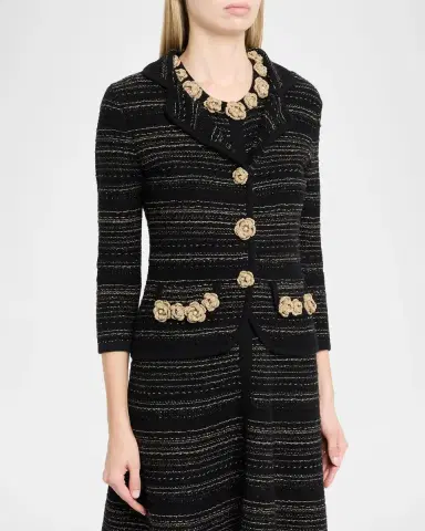 Rickie Freeman for Teri Jon Crochet Floral Applique Striped Knit Jacket | Thumbnail 4