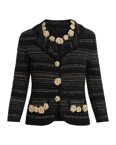 Rickie Freeman for Teri Jon Crochet Floral Applique Striped Knit Jacket | Thumbnail 1