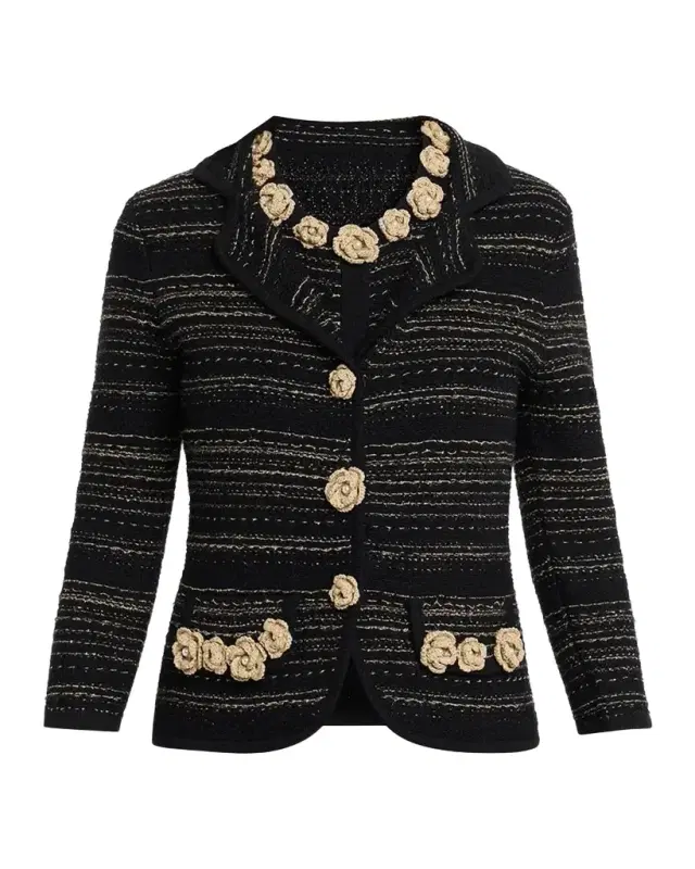 Rickie Freeman for Teri Jon Crochet Floral Applique Striped Knit Jacket