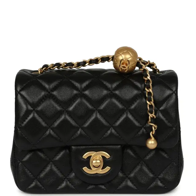 Chanel Mini Square Pearl Crush Flap Bag Black Lambskin Antique Gold Hardware Chanel Mini Square Pearl Crush Flap Bag Black Lambskin Antique Gold Hardware