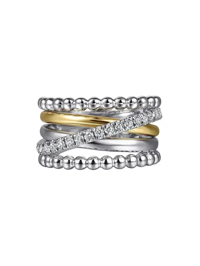Gabriel & Co Women's Bujukan Sterling Silver, 14K Yellow Gold & White Sapphire Multi-Band Ring