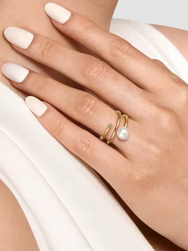 Gabriel & Co Women's Contemporary 14K Yellow Gold, Freshwater Pearl & 0.02 TCW Diamond Wrap Ring | Thumbnail 2