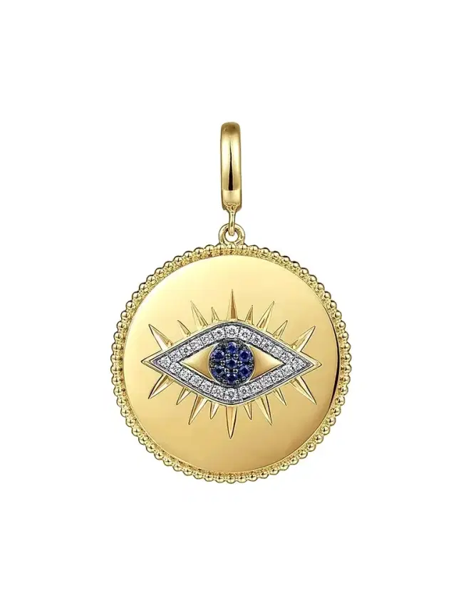Gabriel & Co Women's Bujukan Evil Eye Medallion 14K Yellow Gold, Blue Sapphire & 0.13 TCW Diamond Pendant