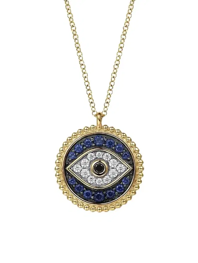 Gabriel & Co Women's Bujukan Evil Eye 14K Yellow Gold, Blue Sapphire, Black Spinel & 0.17 TCW Diamond Pendant Necklace