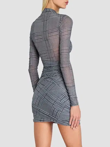 SEROYA Women's Moxey Glen Check Ruched Body-Con Mini Dress | Thumbnail 3 SEROYA Women's Moxey Glen Check Ruched Body-Con Mini Dress | Thumbnail 3