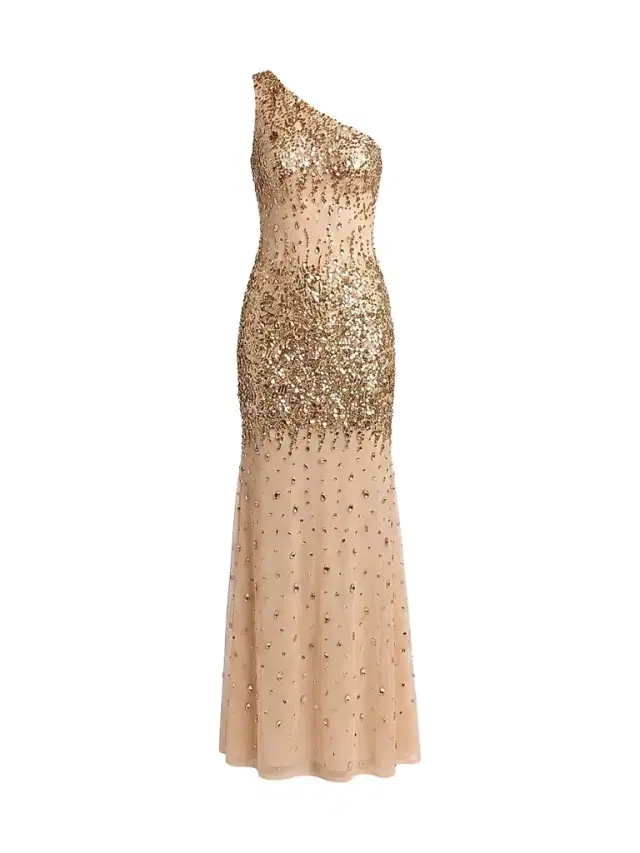 Mac Duggal Women's Beaded Mesh One-Shoulder Fitted Gown