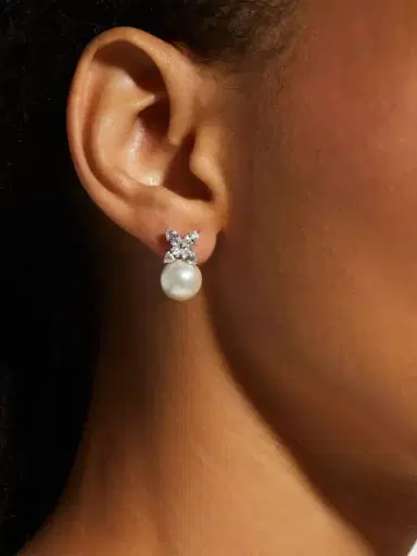FANTASIA by DESERIO Women's Sterling Silver, 2.00 TCW Cubic Zirconia & Imitation Pearl Stud Earrings | Thumbnail 2