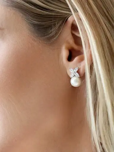 FANTASIA by DESERIO Women's Sterling Silver, 2.00 TCW Cubic Zirconia & Imitation Pearl Stud Earrings | Thumbnail 3