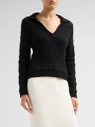 Fabiana Filippi Women's Platinum Johnny Collar Wool-Silk Blend Polo Sweater | Thumbnail 4