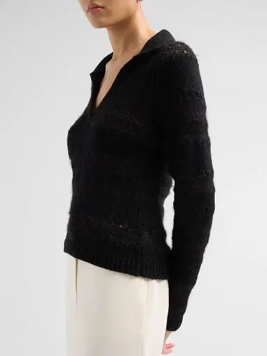 Fabiana Filippi Women's Platinum Johnny Collar Wool-Silk Blend Polo Sweater | Thumbnail 5