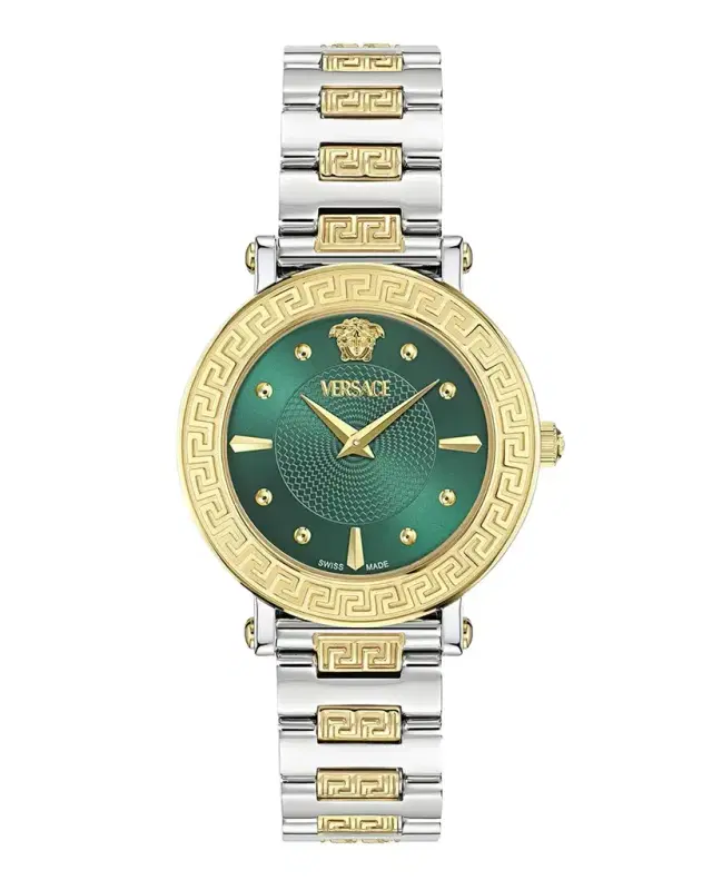 Versace 35mm Greca Sphere Watch with Bracelet Strap, Two Tone/Green