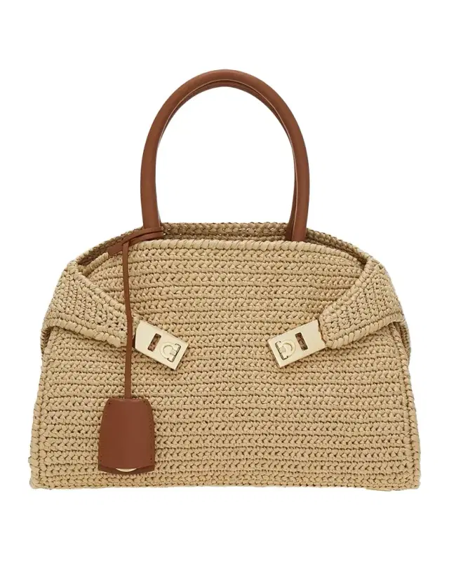 Ferragamo Hug Medium Gancini Raffia Top Handle Bag
