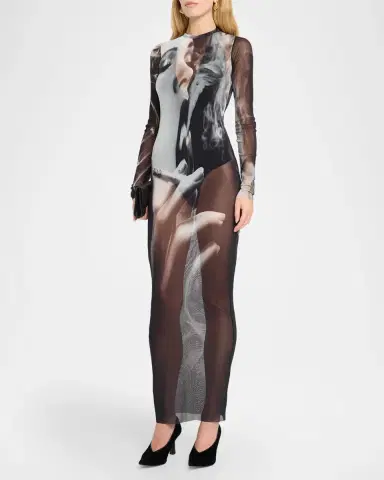 Jean Paul Gaultier The Smoking Woman Print Mesh Long-Sleeve Maxi Dress | Thumbnail 4 Jean Paul Gaultier The Smoking Woman Print Mesh Long-Sleeve Maxi Dress | Thumbnail 4