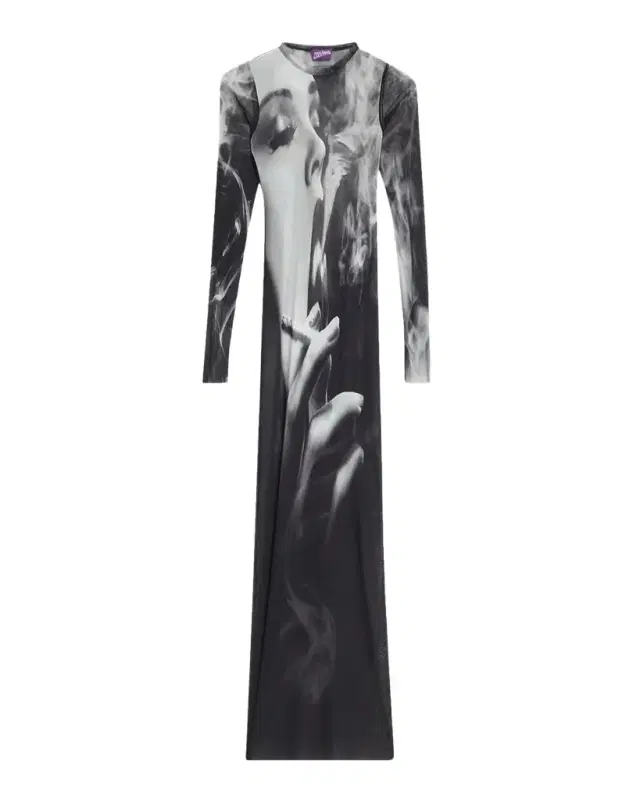 Jean Paul Gaultier The Smoking Woman Print Mesh Long-Sleeve Maxi Dress