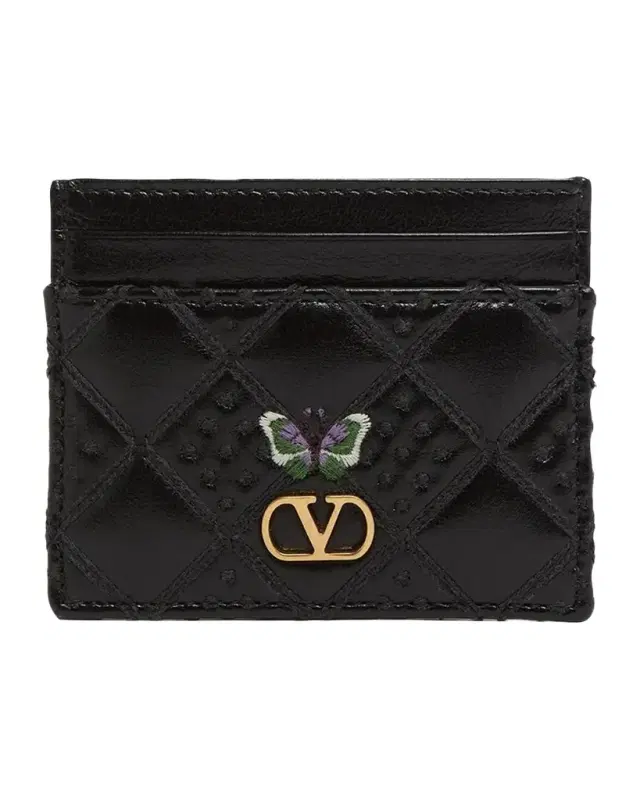 Valentino Garavani Butterfly-Embroidered Quilted Leather Card Holder