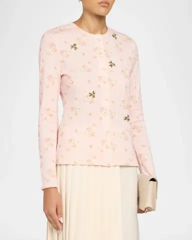 Simone Rocha Floral Embellished Cotton Pointelle Crewneck Cardigan | Thumbnail 4