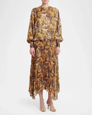 Valentino Garavani Metallic Floral Silk Long-Sleeve Balloon Top | Thumbnail 2