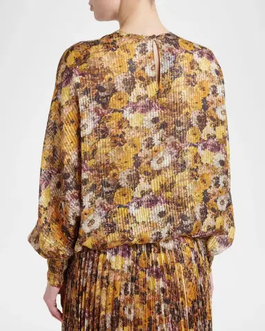 Valentino Garavani Metallic Floral Silk Long-Sleeve Balloon Top | Thumbnail 3