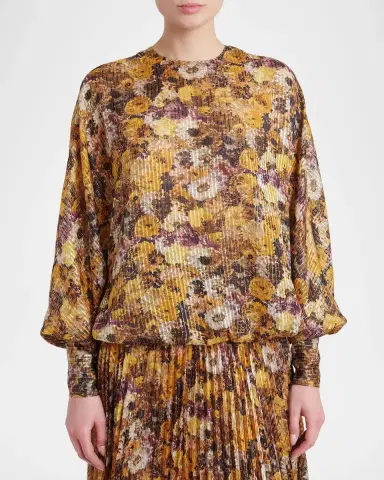 Valentino Garavani Metallic Floral Silk Long-Sleeve Balloon Top | Thumbnail 4