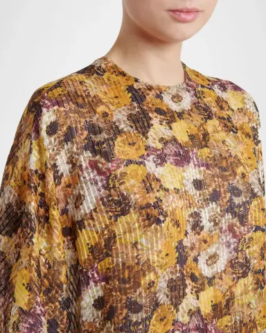Valentino Garavani Metallic Floral Silk Long-Sleeve Balloon Top | Thumbnail 5
