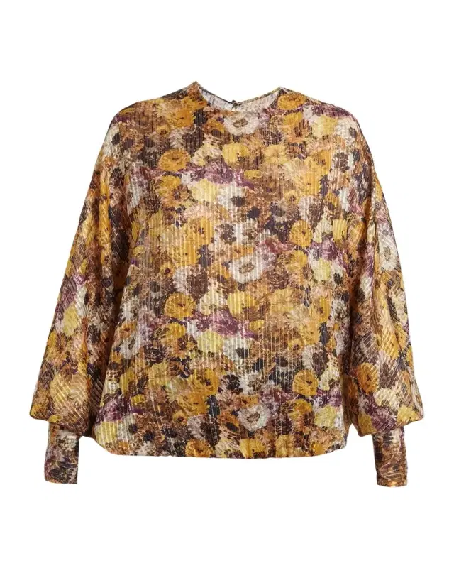 Valentino Garavani Metallic Floral Silk Long-Sleeve Balloon Top