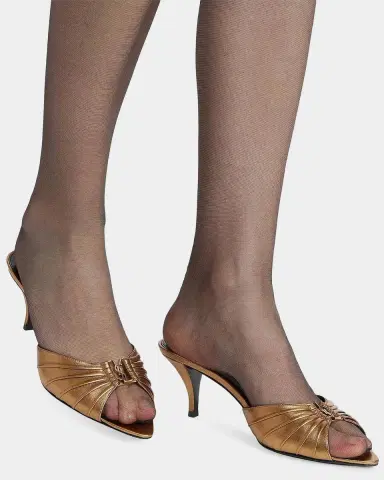 Saint Laurent 60mm Babylone YSL Ruched Mule Sandals in Metallic Leather | Thumbnail 2