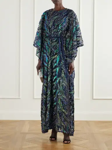 Taller Marmo Firefly Belted Draped Sequined Tulle Gown | Thumbnail 2