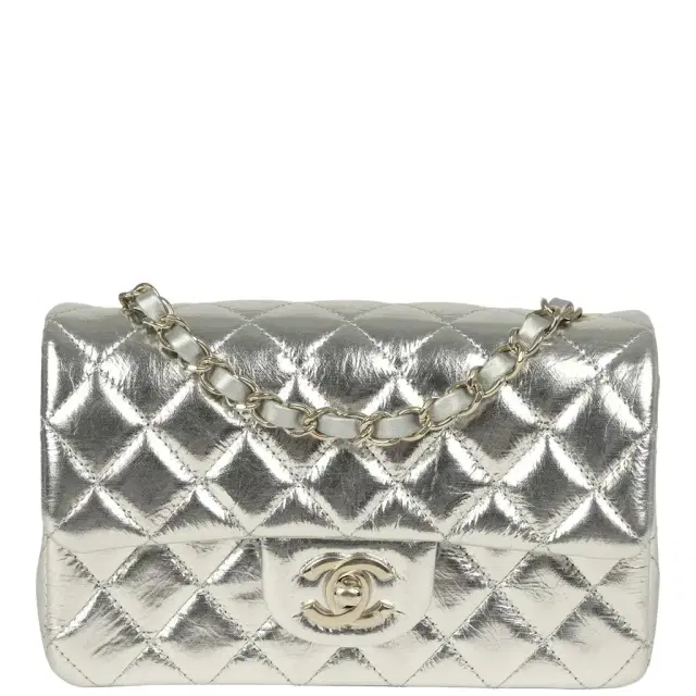 Chanel Chanel Mini Classic Rectangular Flap Bag Silver Metallic Crumpled Calfskin Light Gold Hardware